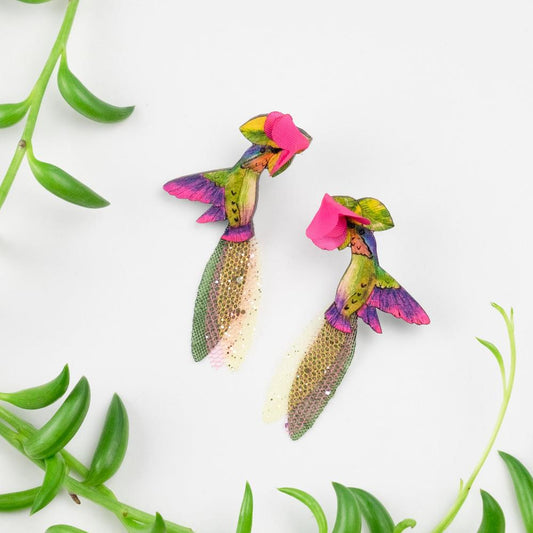 Pink Anna's Hummingbird Earrings-SM